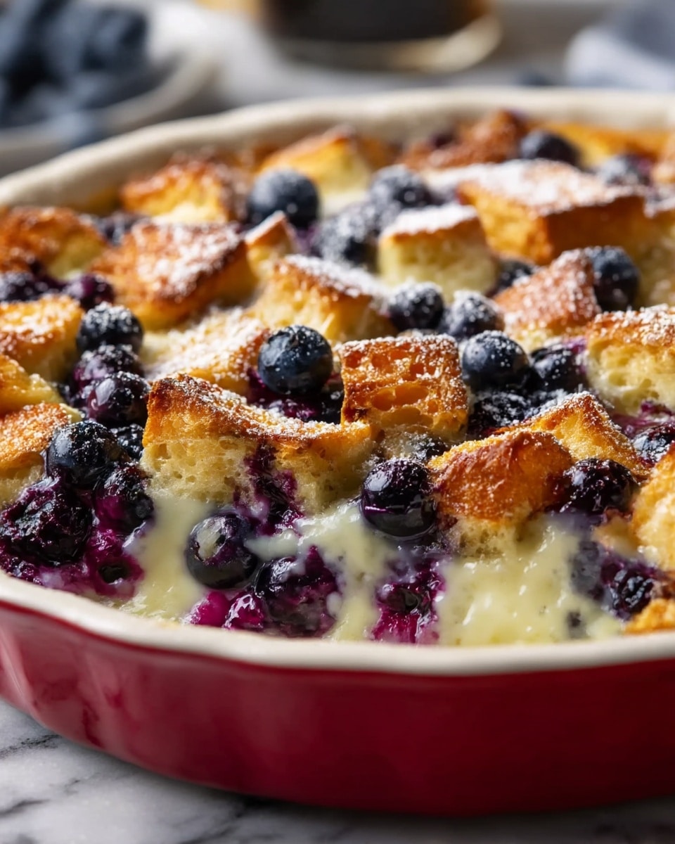 A close-up view of a blueberry bread pudding in a white pie dish with a red outer side, placed on a white marbled surface. The dish shows thick, golden-brown bread chunks on top, slightly crispy and uneven in shape, with juicy, plump blueberries scattered both on the surface and embedded between the bread pieces. Below the bread and berries, a creamy, rich, and slightly melted pale yellow custard layer is visible, filling the gaps and making the pudding look soft and moist. The top has a light dusting of sugar adding a slight sparkle to the texture. Photo taken with an iphone --ar 4:5 --v 7
