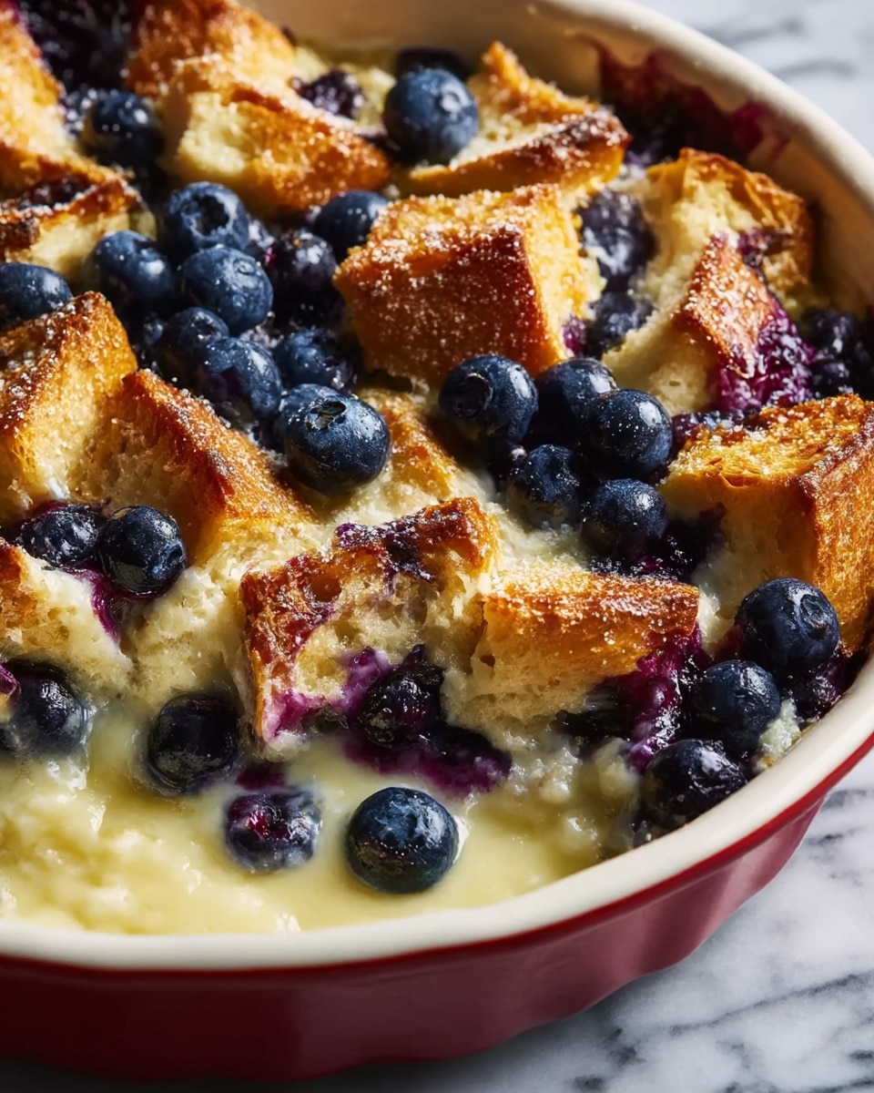 The dish is a baked blueberry bread pudding shown close up inside a white ceramic pie dish with a red outside. The pudding has a base layer of soft, creamy texture with a pale cream color mixed with pockets of blueberry juice. The middle layer consists of plump, whole blueberries with a deep blue and purple color, some bursting and mixing with the creamy layer. The top layer is made of golden brown toasted bread pieces, which are chunky and rough with a slight crisp texture, dusted lightly with powdered sugar. The dish sits on a white marbled surface, and the background is softly blurred. photo taken with an iphone --ar 4:5 --v 7