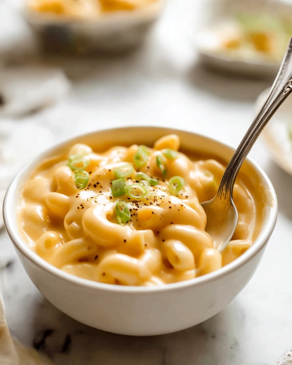 A white bowl filled with creamy orange mac and cheese, showing soft elbow macaroni coated in smooth cheese sauce. The top layer has chopped green onions scattered for a fresh green color and small black pepper flakes sprinkled around. A silver spoon rests inside the bowl, partially submerged in the cheesy pasta. The bowl sits on a white marbled surface with blurred dishes in the background. photo taken with an iphone --ar 4:5 --v 7