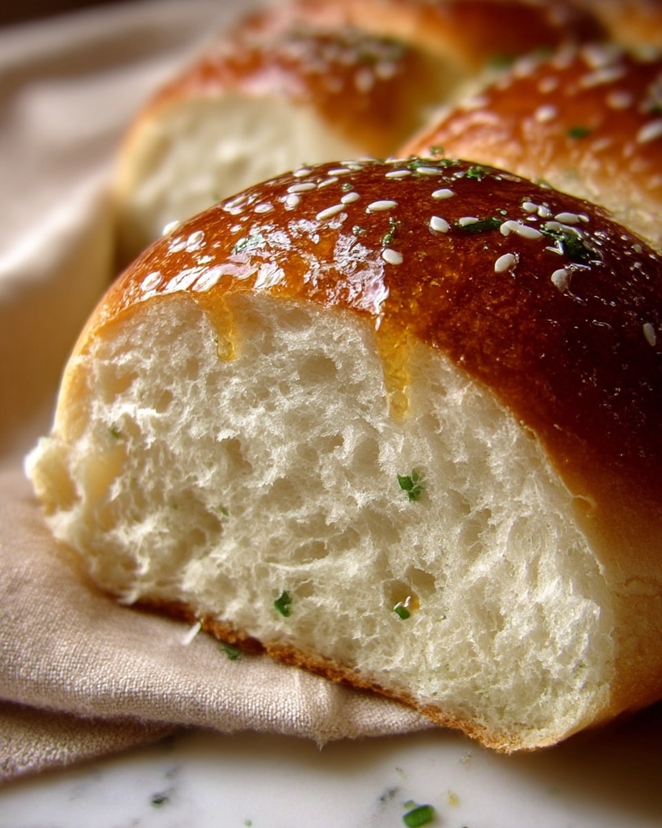 The image shows a close-up of a freshly baked bread roll that is sliced open to reveal its soft, fluffy white interior with an airy texture. The top crust is golden-brown, shiny, and slightly glistening with a drizzle of golden honey and sprinkled with small white sesame seeds and bits of green herbs. The background is a soft beige cloth with a white marbled surface beneath the bread. photo taken with an iphone --ar 4:5 --v 7