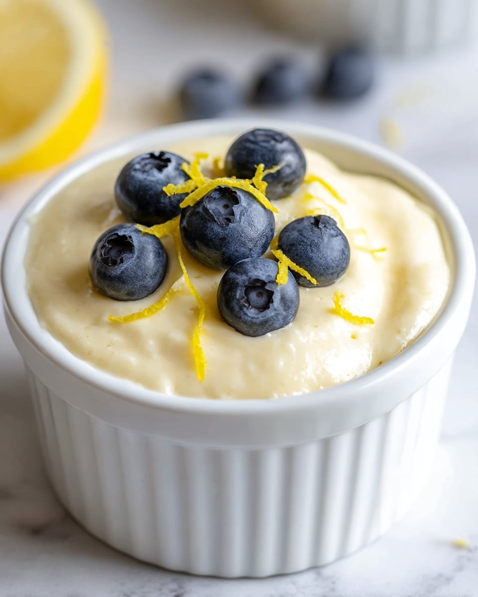 A white ramekin filled with a smooth, creamy light yellow custard or mousse, topped with four plump, dark blue blueberries and thin strands of bright yellow lemon zest scattered on top. The texture of the custard looks soft and velvety, almost overflowing slightly near the edges of the ramekin. The ramekin sits on a white marbled surface with a small piece of lemon and a single blueberry partially visible in the background, softly blurred. Photo taken with an iphone --ar 4:5 --v 7