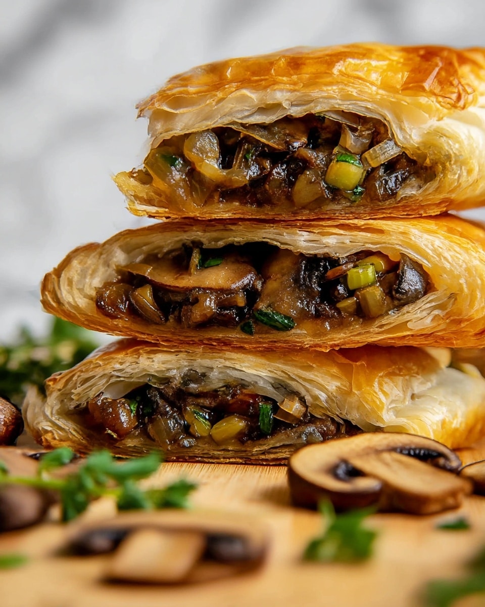 The image shows a close-up of three stacked pieces of a golden-brown pastry filled with a mix of sautéed mushrooms, onions, and herbs. Each pastry piece has a flaky, crispy crust with many thin layers. Inside, the filling is dark brown and shiny with small bits of green herbs and soft, cooked vegetables visible. The pastries are placed on a light wooden surface, with some scattered cooked mushroom slices and a sprig of green herb nearby, all set against a white marbled texture background. photo taken with an iphone --ar 4:5 --v 7