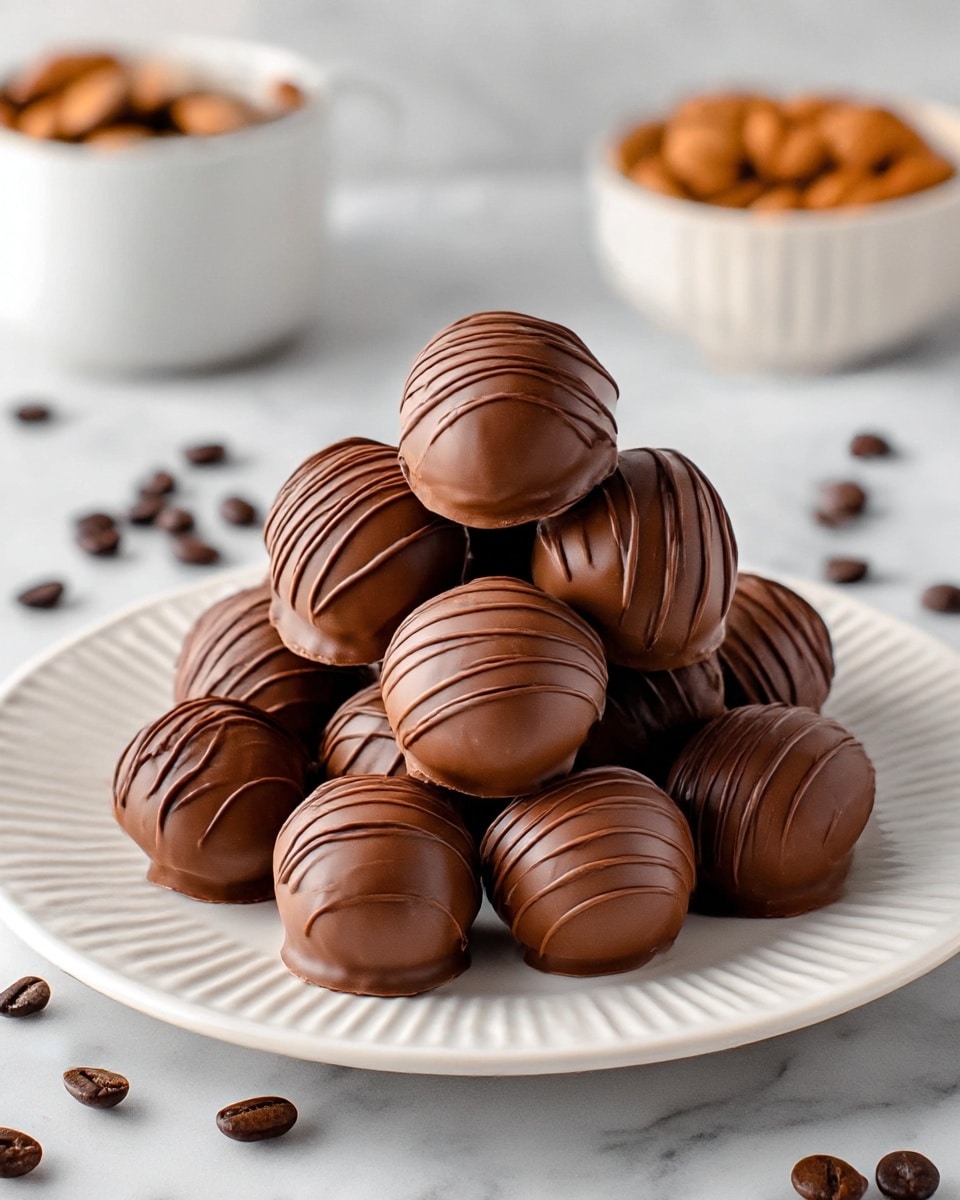 A white plate with ridged edges holds a pile of fifteen round chocolate truffles, stacked in a small pyramid. Each truffle has a smooth milk chocolate coating with thin, darker milk chocolate lines drizzled evenly across the top surface, giving a textured look. The truffles have a shiny, creamy finish with subtle reflections showing the smoothness of the chocolate. Around the plate, there are scattered coffee beans, and a white bowl with whole almonds is visible blurred in the back on a white marbled surface. photo taken with an iphone --ar 4:5 --v 7