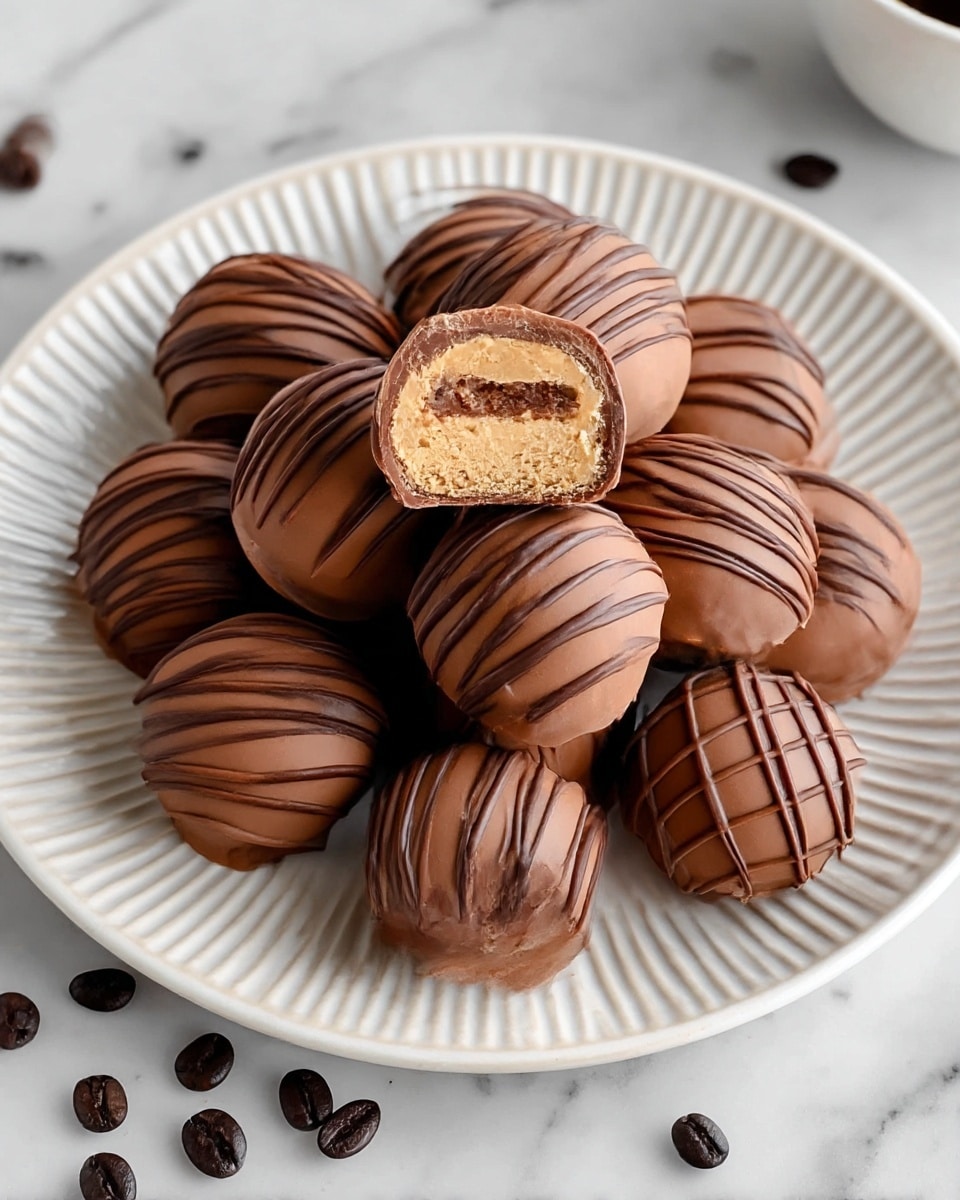 A white plate with ridged edges holds a neat pile of round chocolate truffles, each coated in smooth milk chocolate with thin, darker chocolate drizzles on top creating a striped pattern. One truffle is cut in half and placed on top of the pile, showing three visible layers inside: a light brown creamy layer at the bottom, a middle darker chocolate layer with a soft texture, and an outer chocolate shell matching the coating. A few dark coffee beans are scattered around the plate, all set on a white marbled surface. photo taken with an iphone --ar 4:5 --v 7