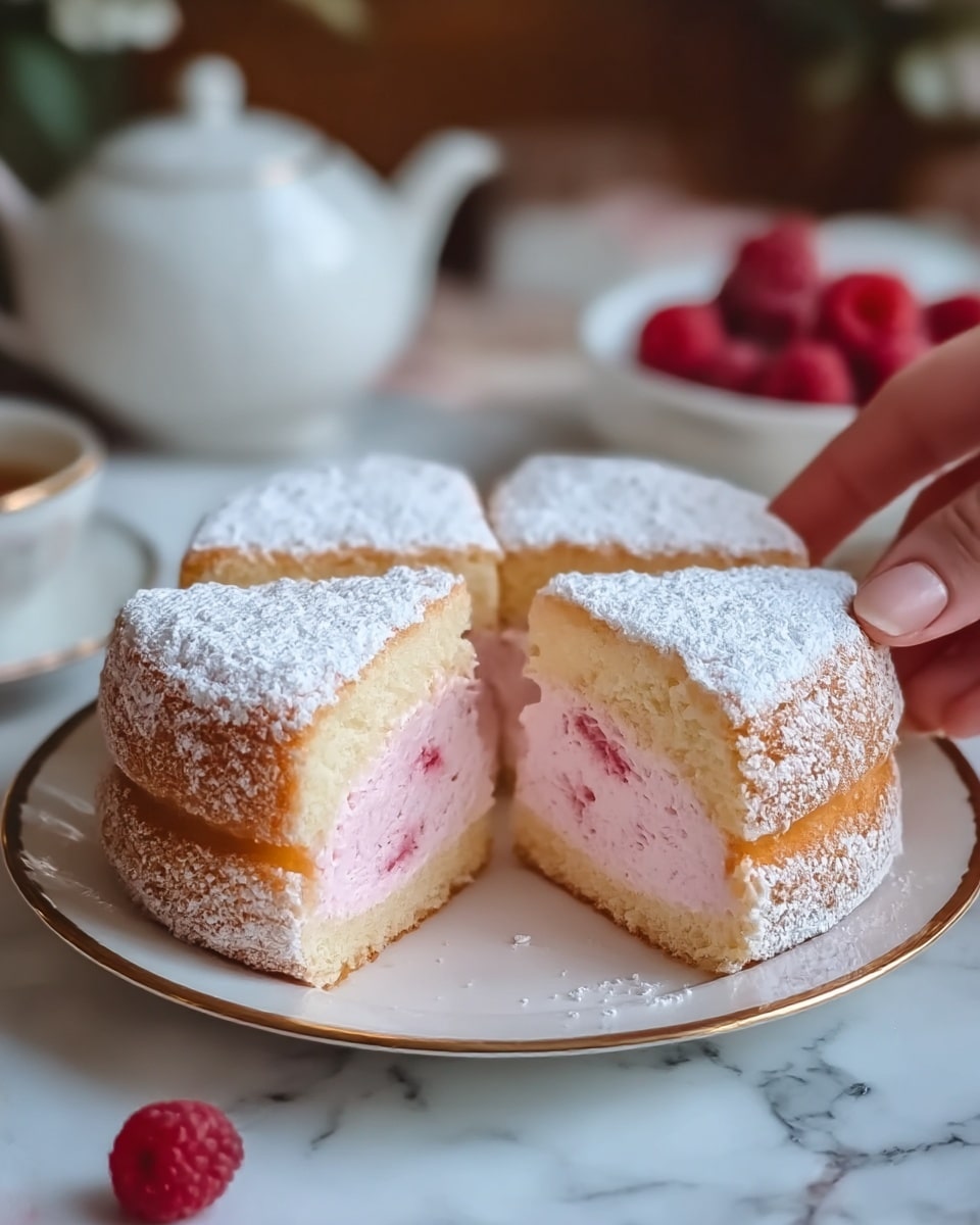 The image shows a small round cake cut into four thick slices and placed on a white plate with a gold rim, set on a white marbled surface. The cake has two layers: a light golden-brown outer layer covered with a thick dusting of white powdered sugar and a thick inner layer of soft pink filling. The texture of the pink filling looks smooth and creamy with a few darker pink spots inside. In the blurred background, there is a white teapot and a white plate with red raspberries. A woman's hand is reaching towards the raspberries. The scene has a cozy, warm feel. photo taken with an iphone --ar 4:5 --v 7