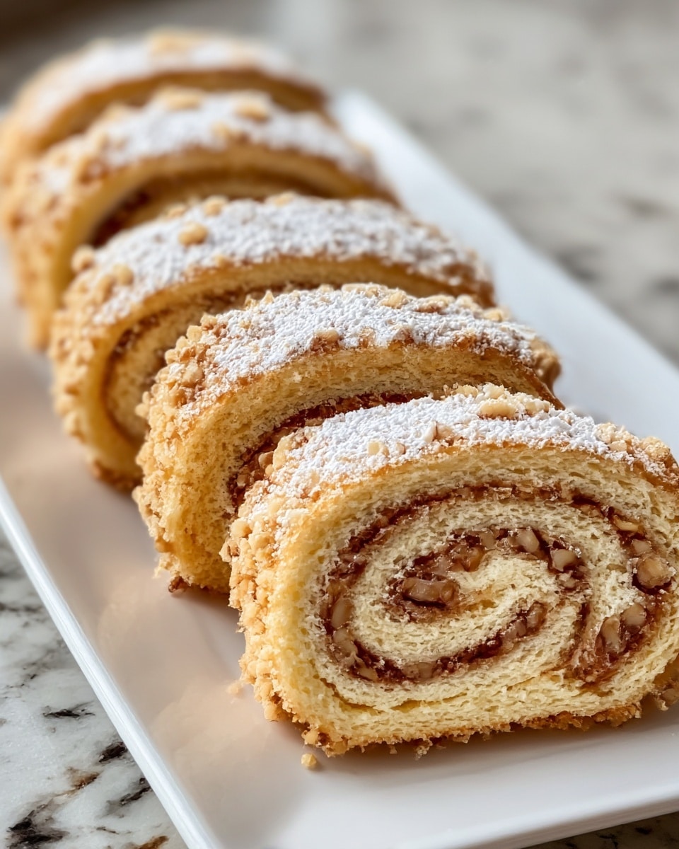 Two rows of golden brown rolled cakes are neatly arranged on a white rectangular plate placed on a white marbled surface. Each roll shows multiple layers of light, soft dough spiraled with a darker, nut-filled filling, giving a textured look to the swirls. The outer layer is crispy and crumbly with a topping of finely chopped nuts and a light dusting of white powdered sugar evenly scattered on top, adding contrast and a delicate touch. The cakes appear moist and fresh, with the tight spirals clearly visible from the front view. photo taken with an iphone --ar 4:5 --v 7