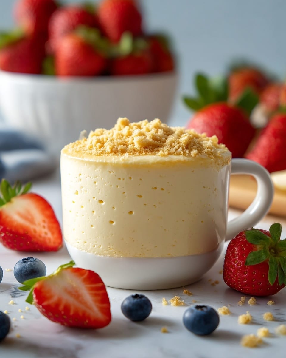 A white ceramic cup filled with a fluffy, light yellow mousse-like dessert topped with a crumbly golden brown layer that slightly spills over the edges. The dessert has a smooth, creamy texture with small air holes visible throughout the mousse layer. Around the cup, there are fresh strawberries with green leaves and a few plump blueberries scattered on a white marbled surface. In the background, there is a white bowl filled with more strawberries, slightly out of focus. photo taken with an iphone --ar 4:5 --v 7