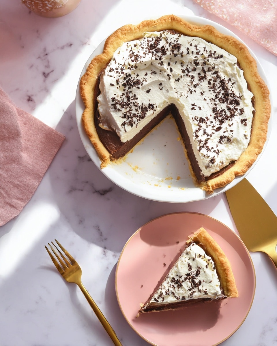 A round pie with a golden-brown crust sits on a white plate with a slice removed, showing three visible layers: a firm, dark chocolate filling in the middle, topped with a thick, soft layer of white whipped cream sprinkled with small dark chocolate shavings. The removed slice is placed on a pink plate, with a golden fork next to it. Both plates rest on a white marbled surface with soft light reflections, and a golden pie server lies nearby. photo taken with an iphone --ar 4:5 --v 7