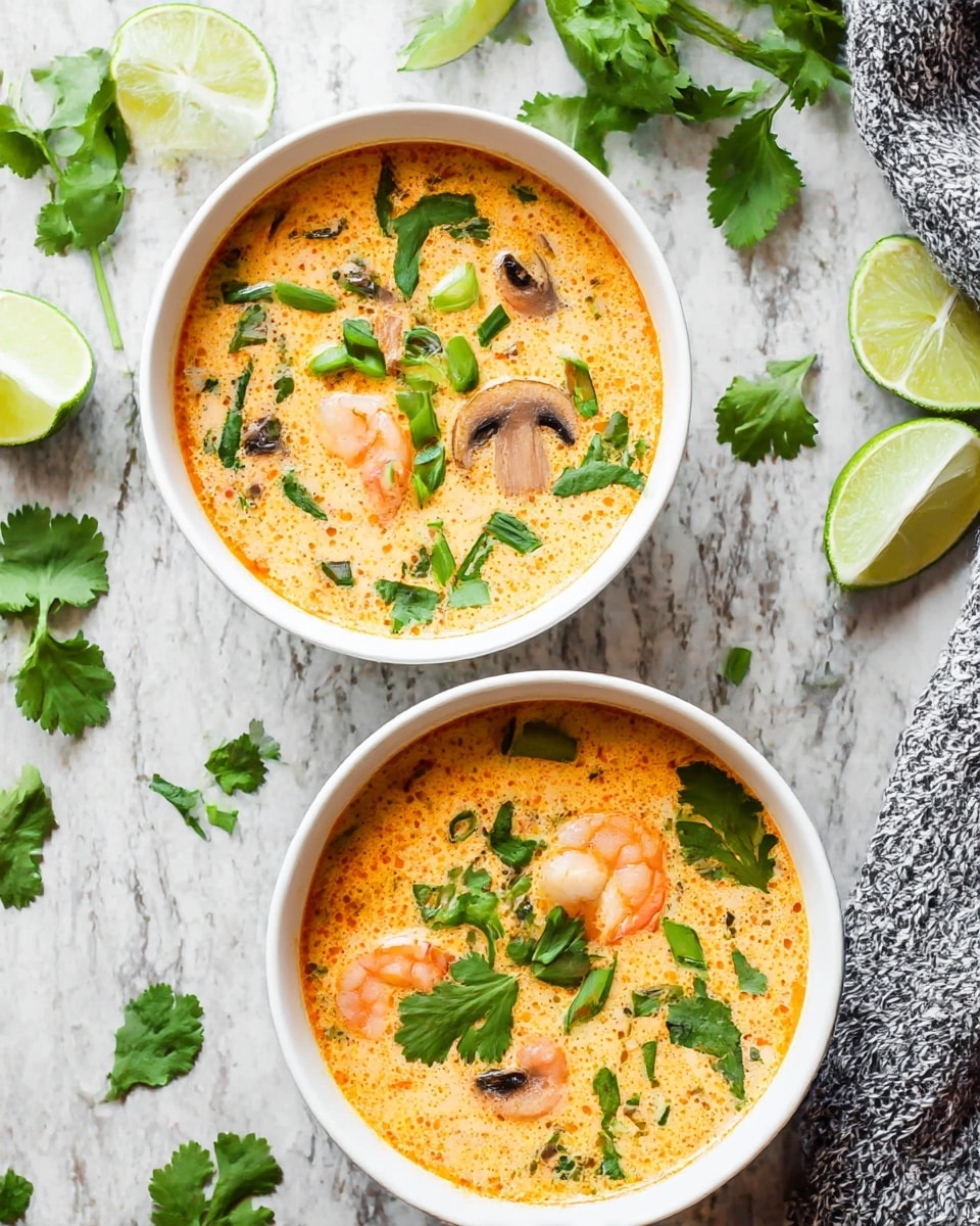 Two white bowls filled with creamy orange coconut soup are placed on a white marbled textured surface. Each bowl has floating pieces of shrimp, mushrooms, and chopped green onions, topped with bright green cilantro leaves scattered on the surface. Around the bowls, there are lime wedges and extra cilantro leaves spread casually. A grey knitted cloth is partially visible on the right side of the image. The soup looks rich, smooth, and inviting, with a mix of vivid colors from the ingredients. photo taken with an iphone --ar 4:5 --v 7