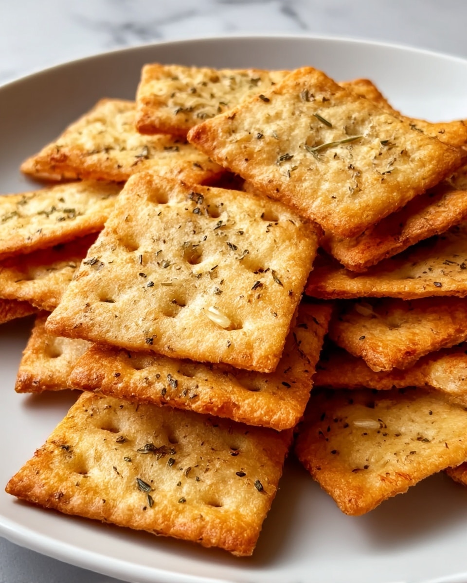 A close-up view of a stack of golden-brown square crackers on a white plate, each cracker showing a crispy texture with small holes, sprinkled with black pepper, herbs, and bits of garlic visible on the surface; the crackers are layered unevenly with some overlapping and others slightly tilted, all placed on a white marbled background. photo taken with an iphone --ar 4:5 --v 7