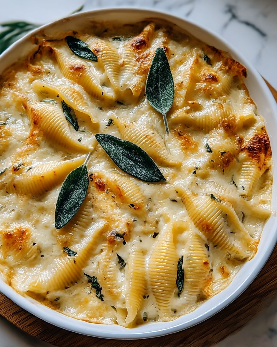 A white round dish filled with one layer of large pasta shells baked in a creamy, melted cheese sauce that is golden brown in spots. The shells are arranged so that some show their ridged texture, while others are partially covered by the smooth, thick cheese sauce. Dark green sage leaves are scattered on top, with a few placed in the center, adding contrast to the warm colors of the pasta and cheese. The dish rests on a wooden board over a white marbled texture surface. photo taken with an iphone --ar 4:5 --v 7