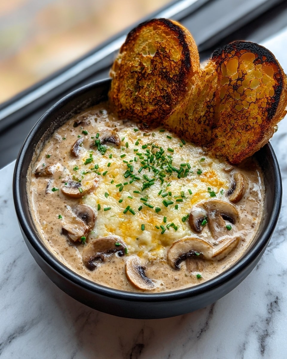 A black bowl filled with a creamy mushroom sauce with visible whole and sliced brown mushrooms and small bits of herbs mixed in, topped in the center with a thick layer of melted, slightly browned white cheese sprinkled with chopped green chives. Three thick slices of toasted bread, with a golden brown and slightly charred crust, are placed around the edge inside the bowl. The bowl is set on a white marbled surface near a window with a blurred green outdoor background. photo taken with an iphone --ar 4:5 --v 7