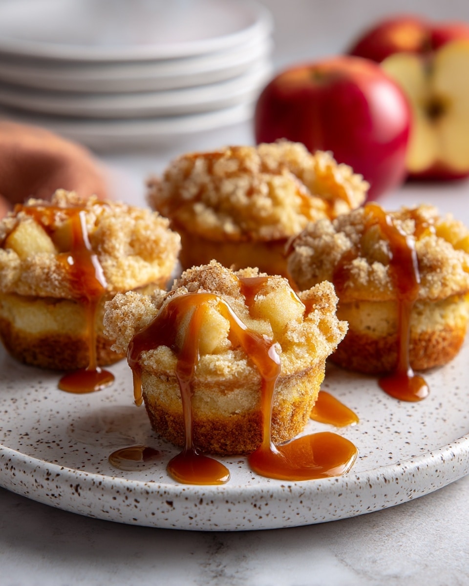 The image shows five small crumbly muffins arranged on a white speckled plate placed on a white marbled texture. Each muffin has a rough golden-brown crust at the bottom, a middle layer filled with soft, light yellow apple pieces, and a crumbly textured top layer. Drizzled caramel sauce glistens as it slowly drips over the muffins and pools slightly on the plate, adding a shiny amber color contrast. The background includes blurred white plates stacked and two red apples, creating a cozy and inviting feel. photo taken with an iphone --ar 4:5 --v 7