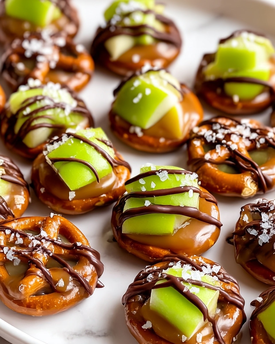 A close-up of small snacks arranged on a white plate with a white marbled texture underneath. Each snack has four layers: a bottom round pretzel with a brown, shiny surface; a layer of light golden caramel drizzled over the pretzel; a bright green apple chunk placed on top; and a drizzle of dark brown chocolate crossing over the apple and caramel. White bits resembling coarse sugar or salt are sprinkled evenly on top of each snack, adding a textural contrast. The snacks are neatly packed together, filling the plate fully, showing a mix of fresh, sweet, and salty elements. photo taken with an iphone --ar 4:5 --v 7