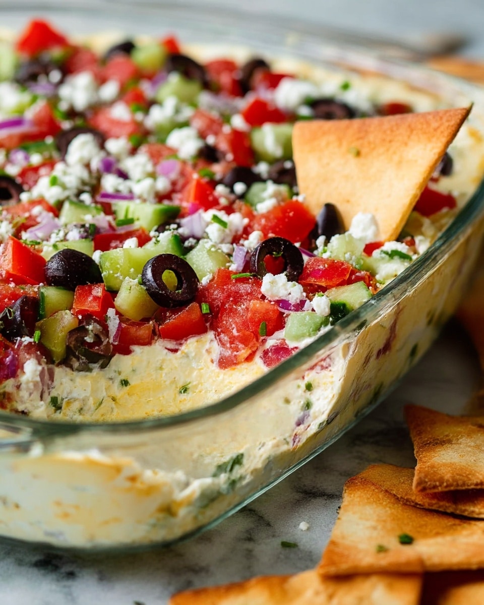 A glass dish holds a layered dip with a base of smooth, creamy pale yellow cheese spread visible near the corner where a triangular toasted pita chip is dipped in. On top is a thick layer of diced bright red tomatoes, chopped green cucumbers, sliced black olives, and small pieces of red onion, all mixed with white crumbled cheese and tiny green herb bits scattered over the top. The dish is set on a white marbled texture surface with more toasted pita chips in the foreground. Photo taken with an iphone --ar 4:5 --v 7