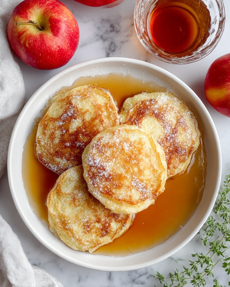 The image shows a white plate with four golden-brown pancakes stacked closely together. The pancakes have a slightly uneven, fluffy texture with some darker crispy spots and are lightly dusted with powdered sugar. They sit in a shallow pool of warm amber syrup that glistens around the edges. To the upper right, there is a small clear bowl filled with syrup, and around the plate, there are bright red apples with shiny skin. The scene rests on a white marbled surface with a sprig of green herb to the right and part of a white cloth peeking in from the lower left corner. Photo taken with an iphone --ar 4:5 --v 7