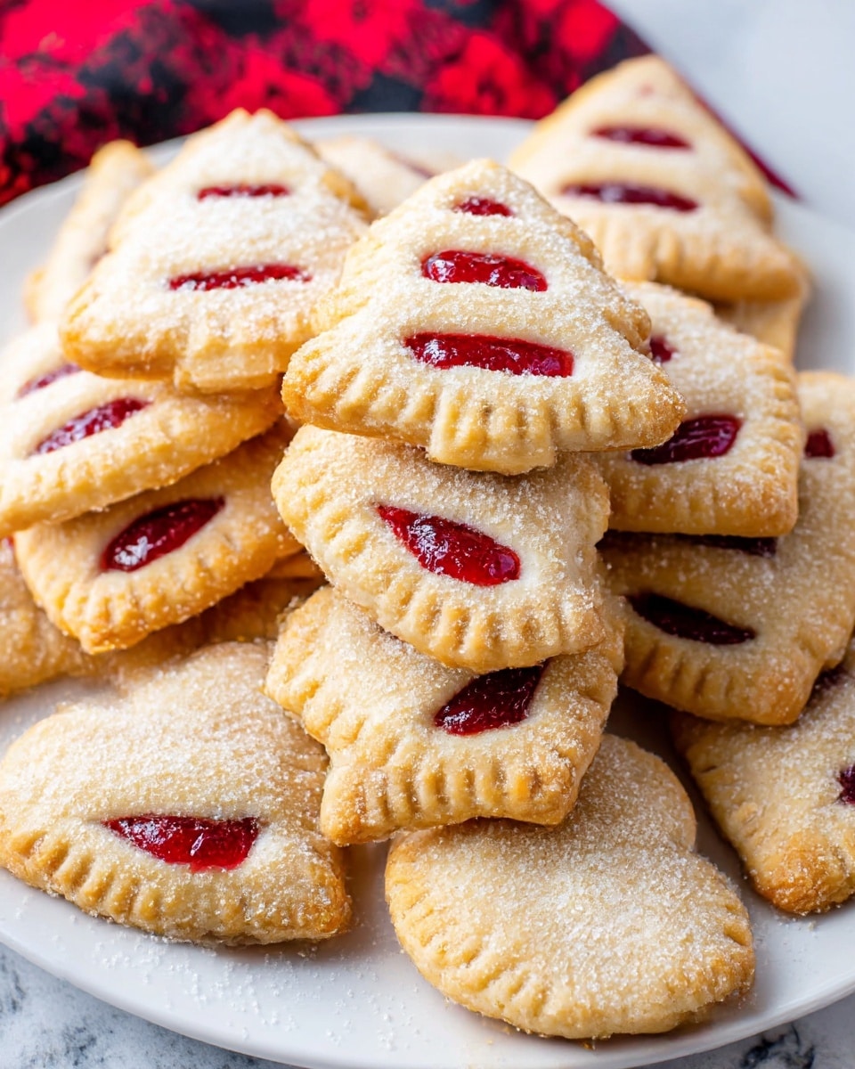 The image shows a close pile of small cookies shaped like Christmas trees and hearts, all with a golden-brown, flaky crust dusted with sugar crystals. Each cookie has three slits on top revealing a bright red cherry filling inside. The edges of the cookies are crimped with a fork to seal the filling. They are stacked on a white plate set on a white marbled surface, with a red and black patterned cloth visible in the background. Photo taken with an iphone --ar 4:5 --v 7