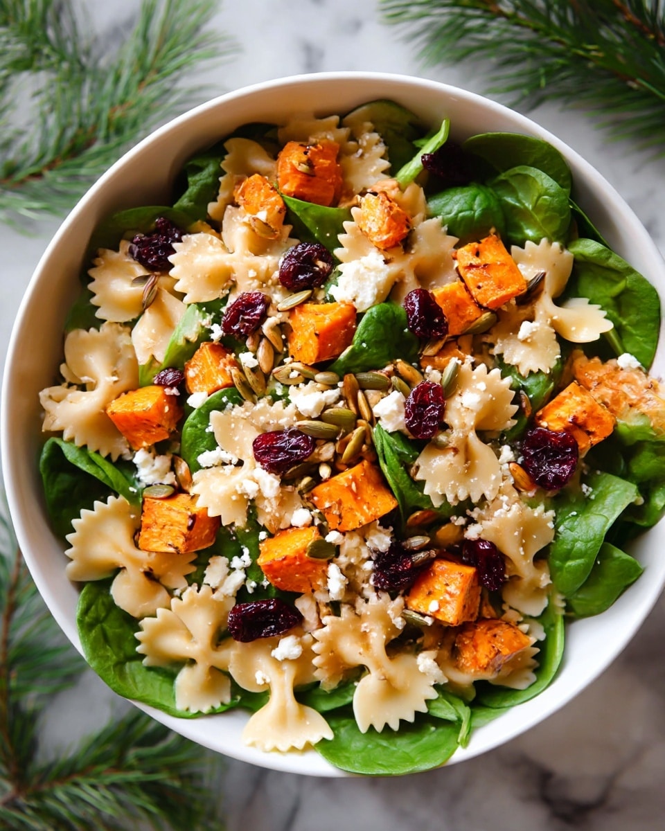 The dish is a colorful salad served in a white bowl on a white marbled surface. The bottom layer is fresh green spinach leaves, providing a leafy base. Scattered on top are bright orange roasted butternut squash cubes with a slight caramelized texture. There are several farfalle pasta pieces placed evenly, creamy white and smooth with a bit of shine. Small green pumpkin seeds and dark red dried cranberries are sprinkled throughout, adding a mix of textures. Crumbled white goat cheese is dotted around, adding a creamy and slightly crumbly texture. The whole salad is lightly drizzled with a creamy dressing that has herbs mixed in, enhancing the visual variety. Photo taken with an iphone --ar 4:5 --v 7