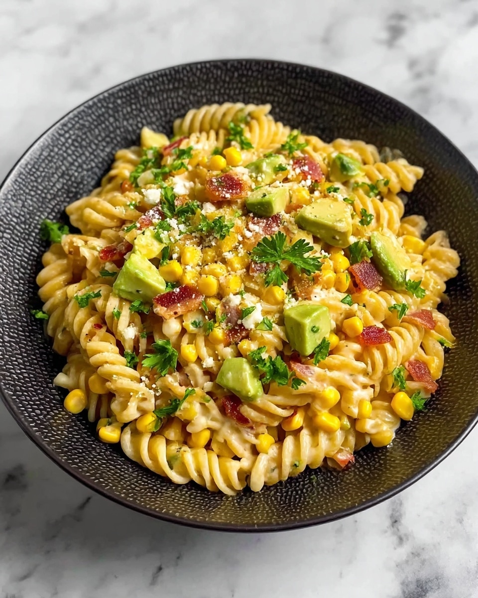 A bowl filled with spiral rotini pasta coated in a creamy sauce forms the base layer. Mixed throughout are bright yellow corn kernels and small pieces of cooked bacon, adding texture and color contrast. Scattered on top are chunks of fresh green avocado and small bits of white cheese, with fresh green parsley leaves sprinkled all over. The dish is placed in a textured dark bowl set on a white marbled surface. photo taken with an iphone --ar 4:5 --v 7