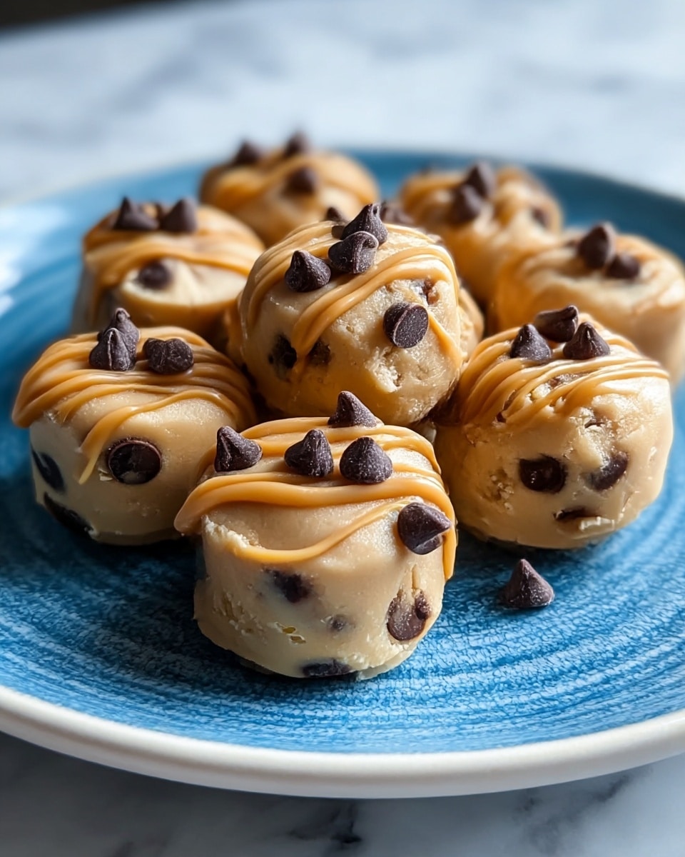 Nine small, round cookie dough balls are placed closely together on a white plate with a soft blue texture. Each ball has a light brown, smooth dough base peppered with small, dark chocolate chips. On top, there are drizzles of creamy, light caramel that swirl decoratively over the dough. More dark chocolate chips are scattered on top of each ball, adding texture and contrast. The plate rests on a white marbled surface. The photo taken with an iphone --ar 4:5 --v 7