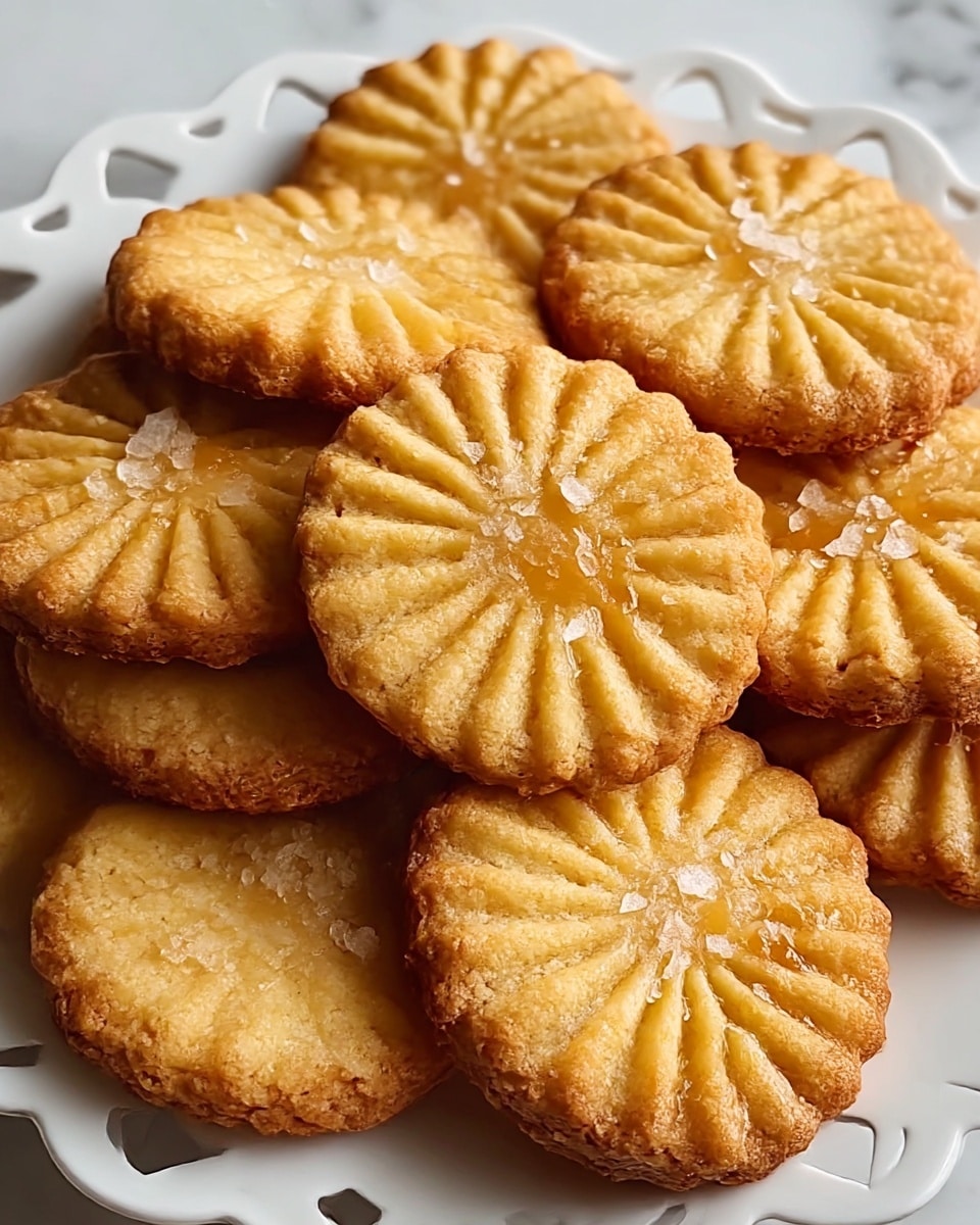 The image shows multiple round butter cookies arranged closely on a white decorative plate with cut-out edges. Each cookie has a golden-brown, slightly glossy surface with a sunburst pattern on top, showing deeper golden ridges radiating from a small center. The cookies look crumbly but crisp, and large grains of coarse sea salt are sprinkled unevenly over them, adding texture and a shiny contrast. The background is a white marbled texture, giving a clean and bright setting for the warm tones of the cookies. photo taken with an iphone --ar 4:5 --v 7
