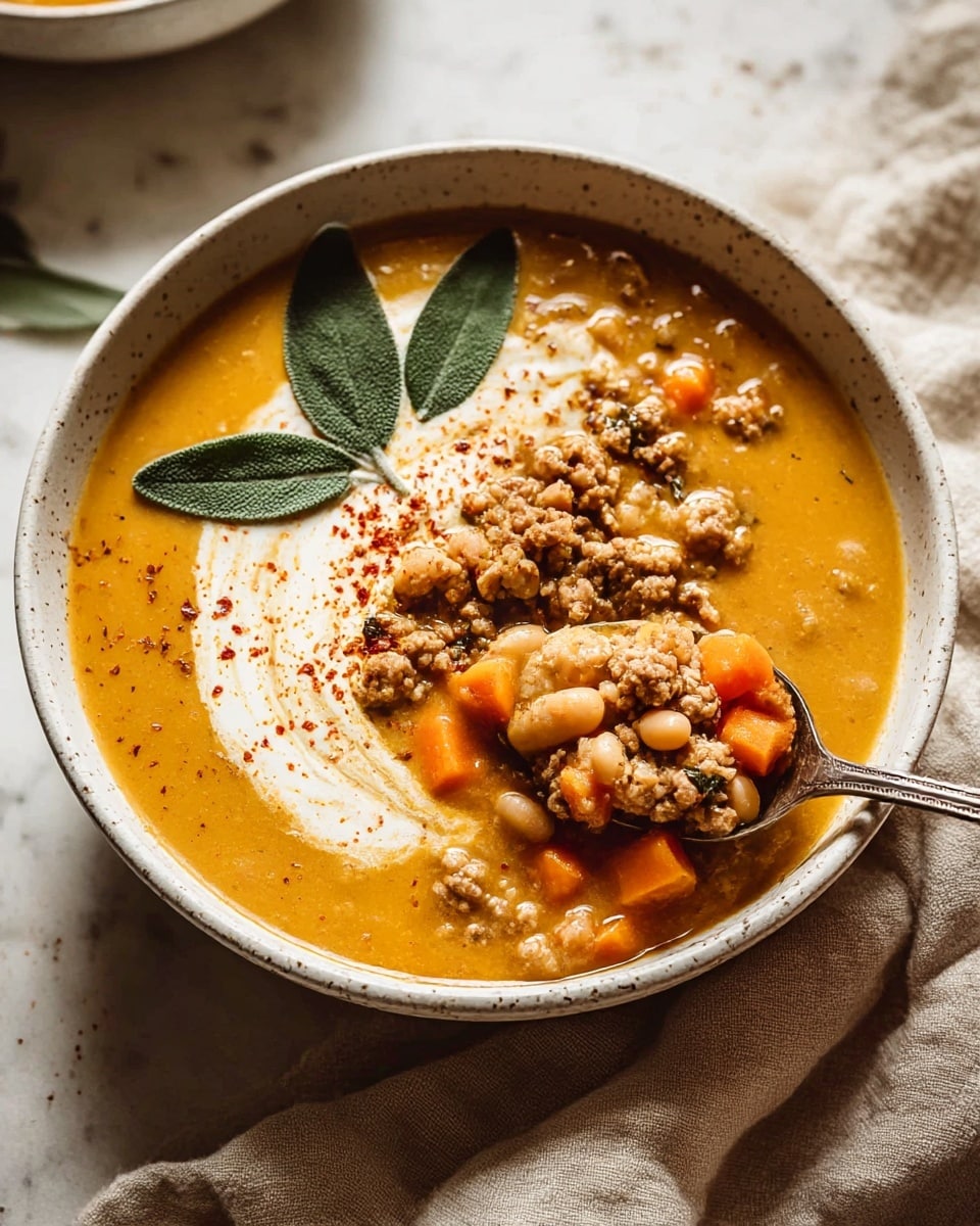 A bowl of thick golden-orange soup filled with small chunks of ground meat, white beans, and diced orange carrots. The soup has a creamy swirl of white cream topped with a sprinkle of red spice and three green sage leaves placed on the left side. A silver spoon is scooping up some meat, beans, and carrots from the right side of the bowl. The bowl is white with a speckled texture, and it sits on a soft beige cloth over a white marbled surface. photo taken with an iphone --ar 4:5 --v 7
