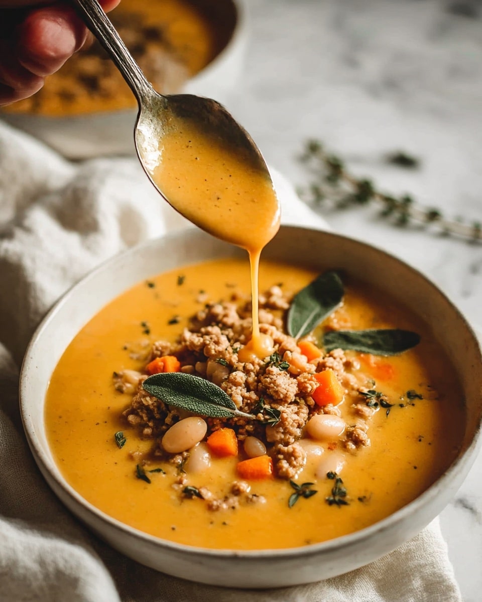 A white ceramic bowl filled with creamy orange soup, topped with crumbled cooked ground meat, light beige beans, and small orange carrot chunks, garnished with fresh green herb sprigs and leaves. A silver spoon held above the bowl drips some of the smooth soup back into the bowl, showing its thick texture. The bowl sits on a soft white fabric on a white marbled surface, creating a warm and cozy setting. Photo taken with an iphone --ar 4:5 --v 7