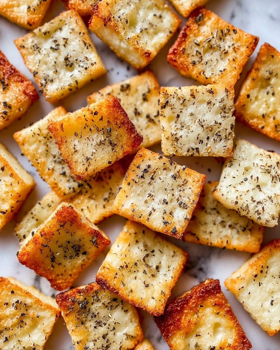 The image shows many fried white squares that look crispy and golden brown on the edges with a soft, light center. Each piece is sprinkled with black pepper flakes, giving a speckled texture on top. The pieces are laid out close together on a white marbled surface, showing a mix of more browned and less browned areas, highlighting their crunchy texture. photo taken with an iphone --ar 4:5 --v 7