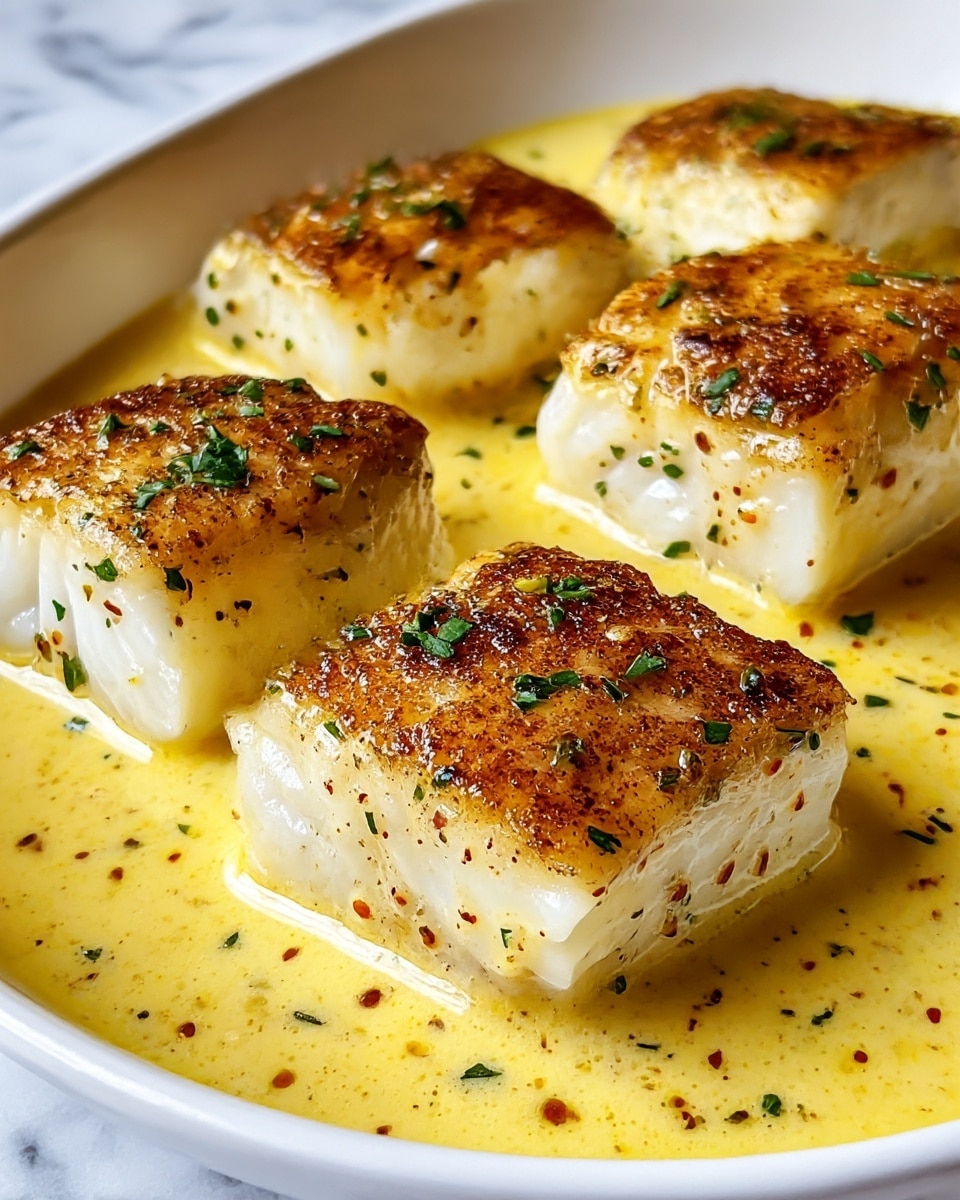 The image shows four thick pieces of fish with a golden-brown crispy top layer, resting in a creamy yellow sauce with small visible bits of spice. Each piece of fish has a white, flaky, moist texture beneath the browned surface and is sprinkled with chopped green herbs. The fish pieces are positioned in a shallow white dish on a white marbled textured surface. The sauce appears smooth and glossy, pooling around the fish and giving a rich look to the dish. photo taken with an iphone --ar 4:5 --v 7