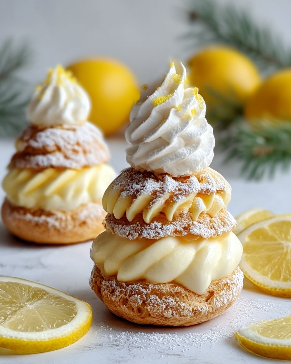 Three lemon cream puffs sit on a white marbled surface dusted with powdered sugar, each made with a bottom light brown puff pastry layer with a rough texture, topped with soft white cream and pale yellow lemon curd piped in waves. Above this is another smaller puff pastry layer dusted with powdered sugar, followed by a swirled peak of white whipped cream sprinkled lightly with lemon zest. In the foreground, two lemon slices lie near the closest cream puff. In the blurry background, there are green pine sprigs and whole yellow lemons. Photo taken with an iphone --ar 4:5 --v 7