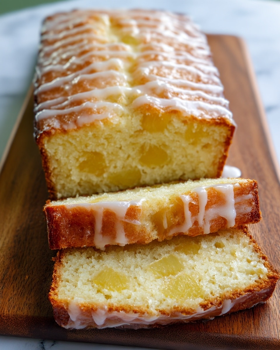 A sliced loaf of moist yellow cake with a golden brown crust sits on a wooden board; the cake has visible pieces of light yellow pineapple inside, creating a textured interior layer, while the top layer is covered with a shiny white glaze drizzled unevenly in streaks that highlight the rough, slightly bumpy surface; the glaze looks thick and glossy, adding a sweet, sticky finish to the soft cake beneath, all set on a white marbled surface. photo taken with an iphone --ar 4:5 --v 7