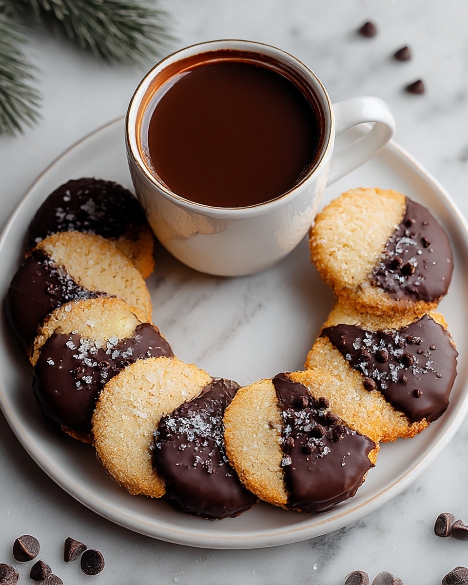 A round white plate holds a ring of eight half-dipped cookies with a golden, crumbly top layer sprinkled with flaky salt, and the bottom half coated in smooth dark chocolate covered with small dark chocolate chips, arranged evenly around a white cup filled with rich, dark hot chocolate. The plate sits on a white marbled surface with a few scattered chocolate chips nearby. Photo taken with an iphone --ar 4:5 --v 7