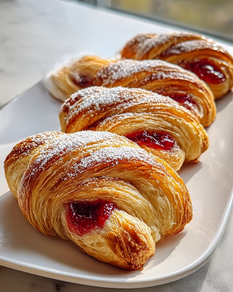 The image shows four golden-brown puff pastries arranged in a line on a white plate, each with a twisted shape. Each pastry has a reddish jam filling, visible through the twisted layers of flaky, shiny dough. The front pastry has a light dusting of white powdered sugar. The pastries’ textures look crispy and layered with a glossy finish on top. The scene is set against a soft background with natural light, on a white marbled surface. photo taken with an iphone --ar 4:5 --v 7