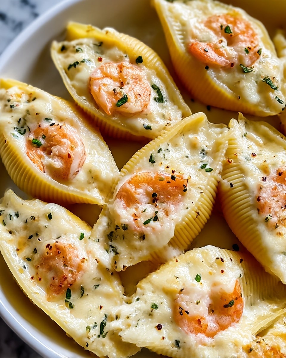 The dish shows large white pasta shells filled with a creamy white sauce layered with small orange shrimp and light melted cheese on top. The shells have a ridged texture and are arranged closely in a white bowl. The filling inside the shells is speckled with small green herb pieces and black pepper flakes, adding contrast to the smooth sauce. The shrimp on each shell are slightly shiny with a cooked look, and the cheese appears slightly browned in spots, giving a baked texture. The background features a white marbled surface. photo taken with an iphone --ar 4:5 --v 7