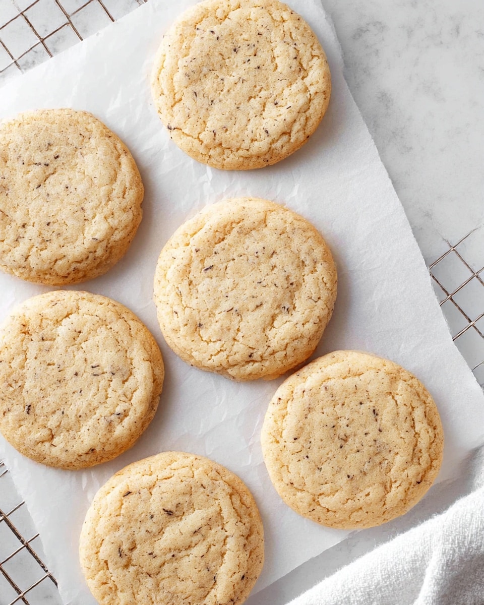 The image shows six round, flat cookies with a slightly cracked surface, lying on white parchment paper over a white marbled texture. Each cookie has a light golden brown color with tiny dark specks scattered throughout, giving them a textured look. The cookies have a soft, slightly crinkled top layer that hints at a chewy inside. One cookie is placed on a silver wire cooling rack on the right side. A white towel is partially visible underneath the cooling rack, adding a soft texture to the scene. photo taken with an iphone --ar 4:5 --v 7