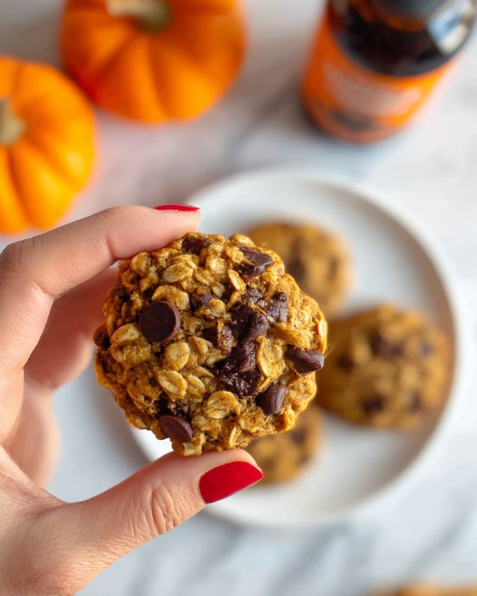 A close-up view of a small round cookie held by a woman's hand with red nail polish, showing a thick texture filled with oats and dark chocolate chips spread evenly throughout the cookie. Behind the hand, there is a white plate with two more cookies of similar texture and color, placed on a white marbled surface. In the background, two small orange pumpkins and a bottle of syrup with a brownish label are slightly blurred, completing the cozy autumn feel. photo taken with an iphone --ar 4:5 --v 7