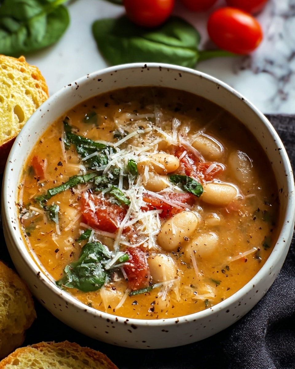 A bowl of tomato bean soup showing about three layers: the bottom layer is a clear, warm orange broth; the middle layer contains white beans and chunks of red tomato; the top layer has scattered green herbs and thin shreds of pale cheese, with a sprinkle of black pepper on top. The soup is served in a white speckled bowl placed on a soft gray cloth, with part of a bread loaf visible in the background on a white marbled surface. photo taken with an iphone --ar 4:5 --v 7