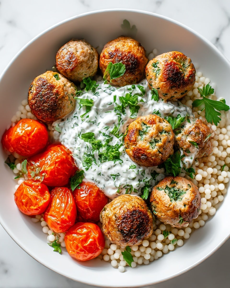 A white bowl sits on a white marbled surface, filled with several sections. At the bottom is a layer of small, round couscous grains, pale cream in color with a soft texture. On top and spread across half the bowl, there are nine browned meatballs with bits of green herbs visible, each having a caramelized, slightly crispy exterior. To one side of the meatballs, there is a cluster of bright red roasted cherry tomatoes with shiny skins. In the center of the bowl, sitting on the couscous right behind the meatballs, is a dollop of creamy white sauce that is speckled with finely chopped green herbs. Around the sauce and couscous, chopped fresh green parsley is scattered, adding a fresh touch to the colors. Photo taken with an iphone --ar 4:5 --v 7