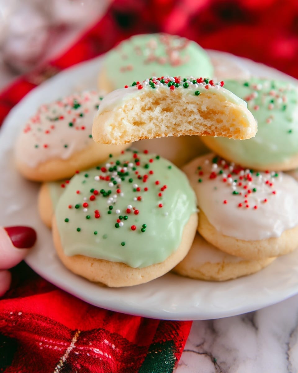 The image shows a white plate filled with soft cookies topped with smooth icing in pastel green, white, and light pink colors. Each cookie is rounded and thick, with the icing covering the top and slightly dripping down the edges. The icing is decorated with small round sprinkles in red, green, and white colors, adding a festive look. One cookie is held above the plate by a woman's hand, showing a bite taken out of it to reveal a light, fluffy, and airy inner texture. The plate rests on a red plaid fabric with a white marbled surface underneath. Photo taken with an iphone --ar 4:5 --v 7