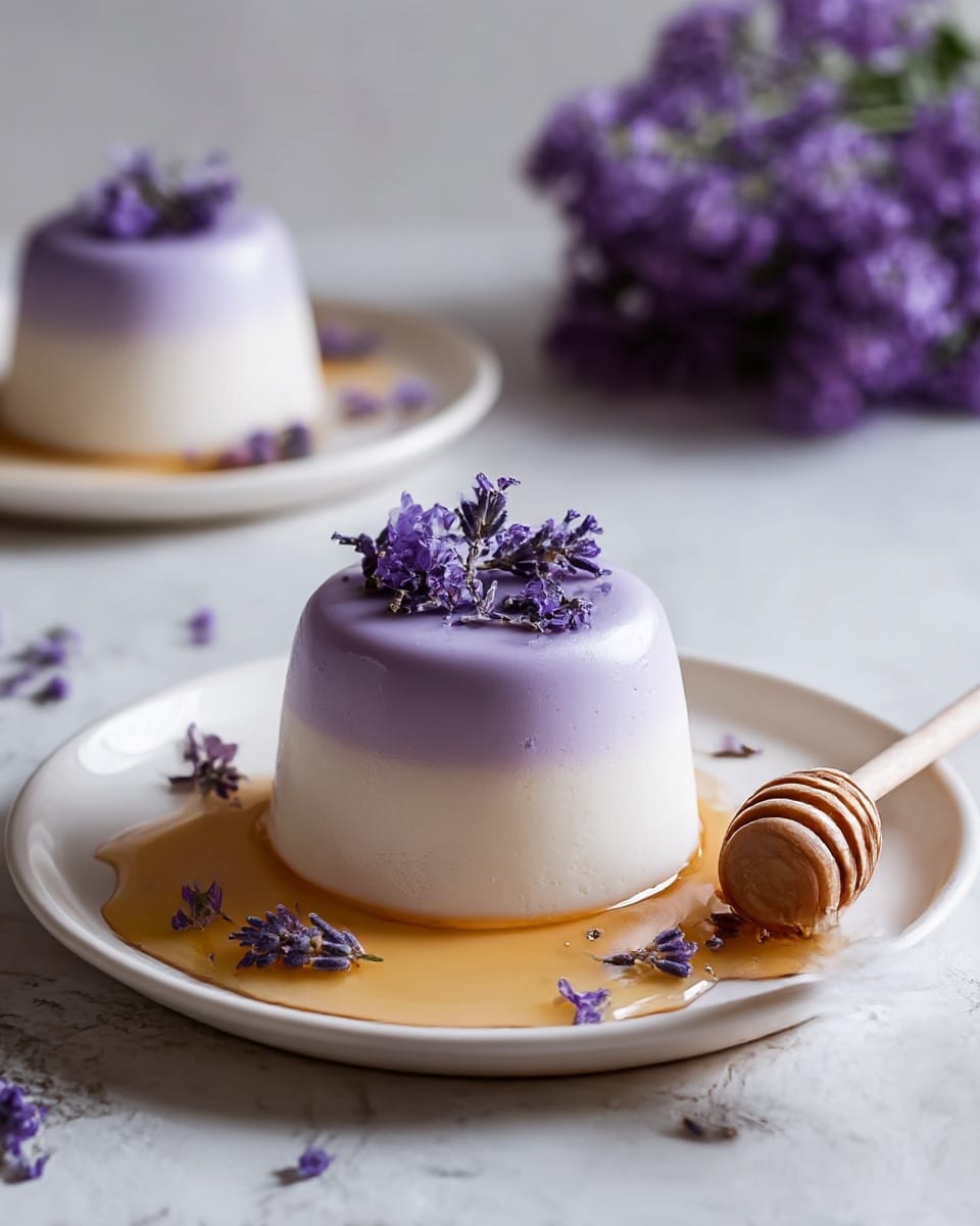 The image shows a smooth, round dessert with two layers: a white bottom layer and a light purple top layer, topped with small purple flowers. The dessert sits on a white plate with honey flowing around its base and additional purple flowers scattered on the plate. A honey dipper with honey rests on the right side of the plate. The background has a soft, white marbled texture, with a blurred bunch of purple flowers in the back and another similar dessert on a white plate slightly out of focus. Photo taken with an iphone --ar 4:5 --v 7