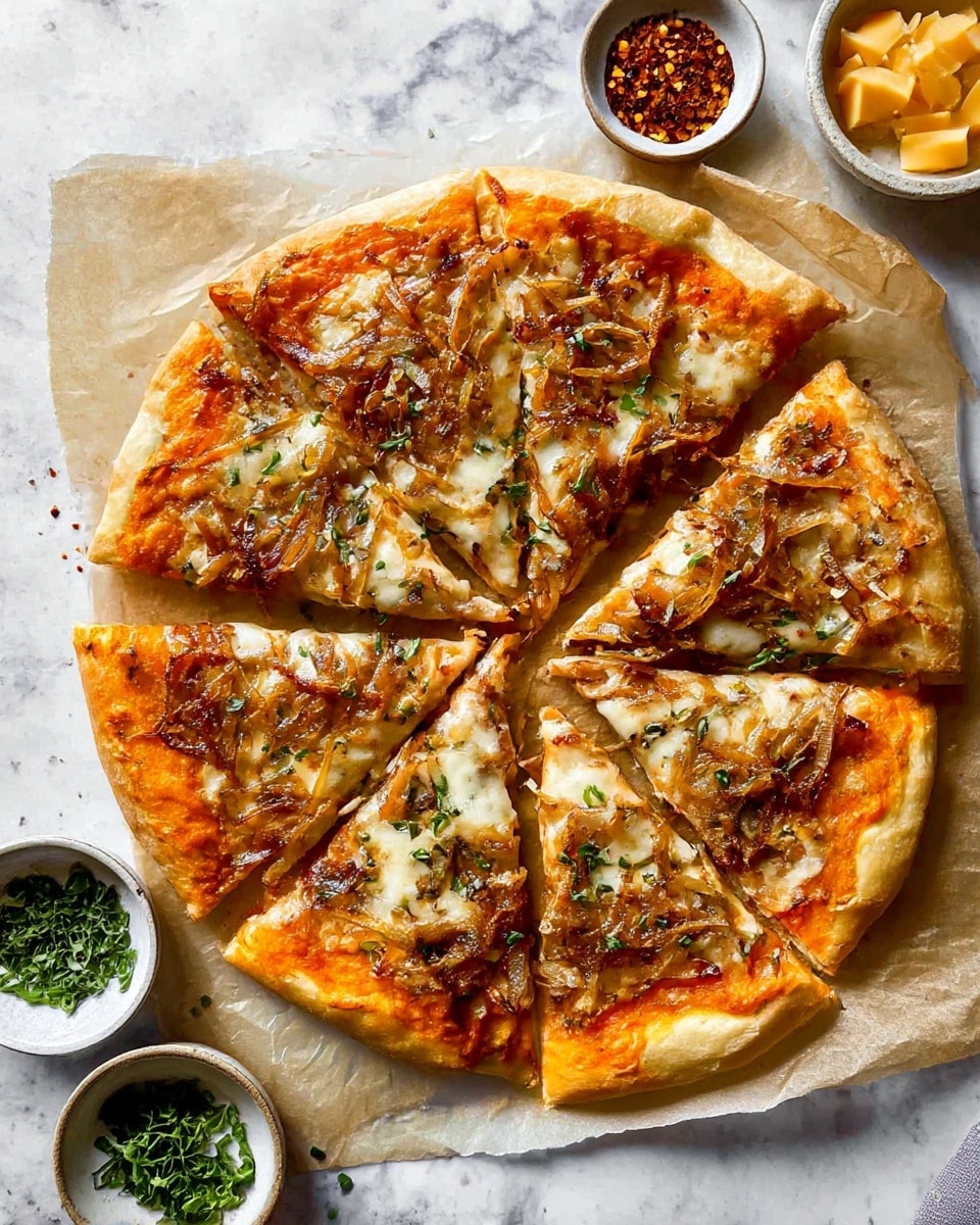 A round pizza cut into seven slices rests on a piece of parchment paper over a white marbled surface. The crust is golden and puffed. The first layer is a bright orange sauce spread evenly across the dough. On top, there is melted white cheese with a slightly golden color. The top layer consists of thin, caramelized onion strips scattered all over, with small green herb pieces sprinkled lightly. Around the pizza, there are small bowls holding red pepper flakes, chopped green herbs, and chunks of yellow cheese. Photo taken with an iphone --ar 4:5 --v 7