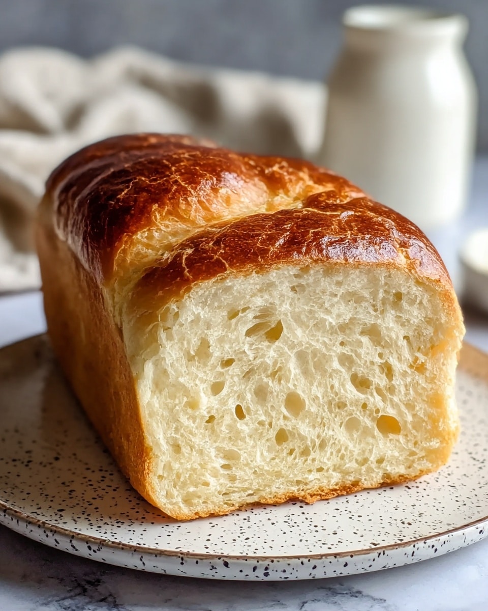 A close-up of a loaf of bread with one cut side facing forward, showing a soft, light, and fluffy inside with small air bubbles. The crust on top is golden brown and shiny with a slightly uneven, cracked texture. The bread sits on a white plate with black speckles, placed on a white marbled surface. In the background, there is a blurred white jar and light-colored cloth. photo taken with an iphone --ar 4:5 --v 7