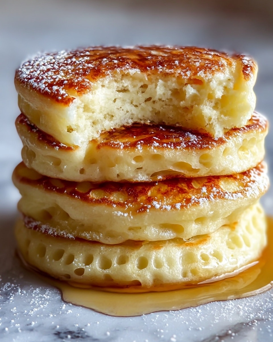 A stack of three thick, fluffy pancakes sits on a white marbled surface dusted lightly with powdered sugar. The top pancake shows a bite taken out, revealing its soft, airy inside with a pale yellow color. Each pancake has a golden-brown, slightly crispy surface with a textured, uneven pattern of small bubbles. Light amber syrup is drizzled over the top and is pooling gently around the base of the stack, giving a glossy shine to the sides of the pancakes. Photo taken with an iphone --ar 4:5 --v 7