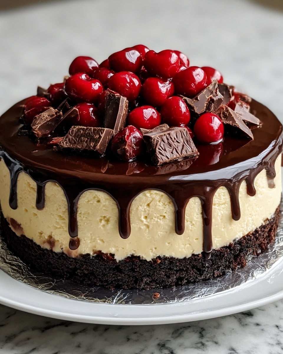 A round cake with three visible layers sits on a white plate over a piece of foil; the bottom layer is a dark, crumbly chocolate cake, the middle layer is thick and creamy with a pale yellow color, and the top layer is a shiny, dark chocolate glaze that drips slightly down the sides. On top of the glaze, there is a generous pile of bright red cherries and irregular chunks of dark chocolate with some textured patterns. The cake is placed on a white marbled surface. photo taken with an iphone --ar 4:5 --v 7
