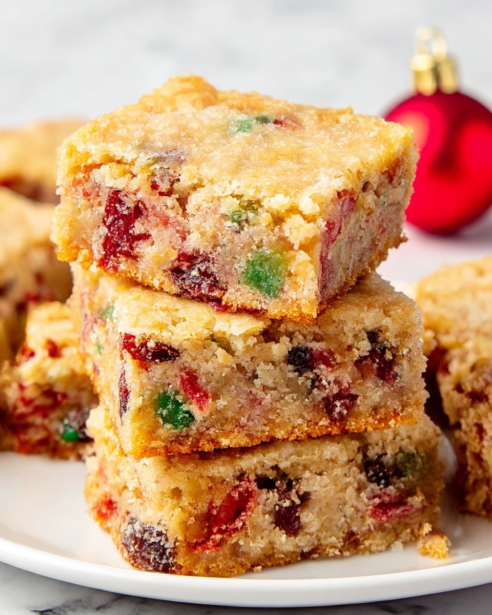 A stack of three square fruitcake bars sits on a white plate with a white marbled background, each bar having two visible layers: a light golden brown crust on top that looks slightly crumbly and a denser, moist layer beneath filled with colorful bits of red, green, and dark fruit pieces evenly spread throughout. The edges of the bars show a textured crumb, and the top layer reflects a soft baked surface with some slight cracks. Behind the bars, there is a small red ornament adding a festive touch. Photo taken with an iphone --ar 4:5 --v 7