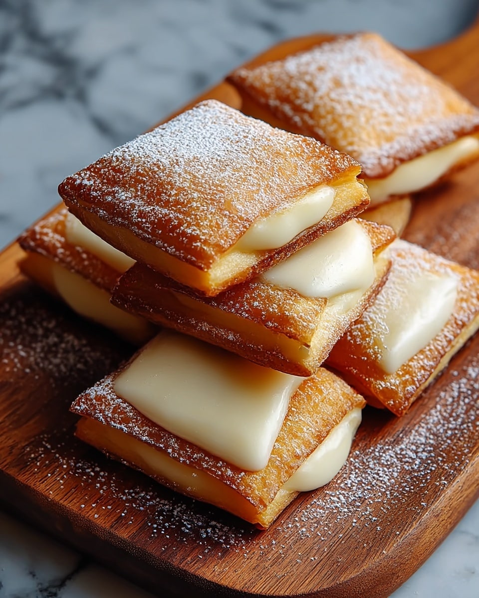 Four square-shaped fried pastries are stacked on a wooden board. Each pastry has a golden brown, crispy outer layer with visible bubbly texture on the edges. On top of each pastry, there is a smooth, off-white creamy sauce partially covering the surface. The pastries are dusted lightly with powdered sugar, adding a soft white dusting over the golden surface. The wooden board contrasts with the white marbled texture background. Photo taken with an iphone --ar 4:5 --v 7
