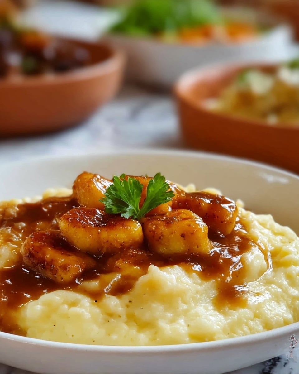 The dish shows a close-up of a white bowl filled with creamy mashed potatoes as the base layer, smooth and pale yellow in color with a soft texture. On top of the mashed potatoes, there are golden brown pieces of browned gnocchi with a slightly crispy surface, coated with a glossy brown sauce. A small green parsley leaf sits at the center, adding a touch of color contrast. The dish is set on a white marbled textured surface with blurred bowls of other foods in the background. photo taken with an iphone --ar 4:5 --v 7