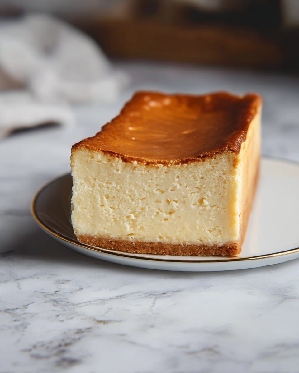 A rectangular cheesecake with one clean slice removed shows three distinct layers: a thin, crumbly light brown crust forms the base, followed by a thick, creamy off-white cheese layer in the middle that looks smooth and dense, and the top is a shiny, caramel-brown baked surface with a slightly wrinkled texture. The cake is placed on a white plate with a subtle raised design along the edge, resting on a white marbled countertop. Photo taken with an iphone --ar 4:5 --v 7