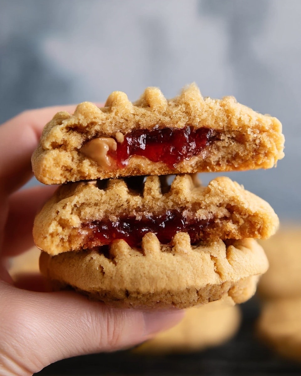 A close-up of two light brown peanut butter cookies stacked on top of each other, with the top cookie broken in half to show a soft, gooey layer of dark red jelly in the middle. The cookies have a ridged pattern on the top surface, showing a crumbly and slightly rough texture. The background is softly blurred with a white marbled texture underneath, and a woman's hand gently holds the bottom cookie. Photo taken with an iphone --ar 4:5 --v 7