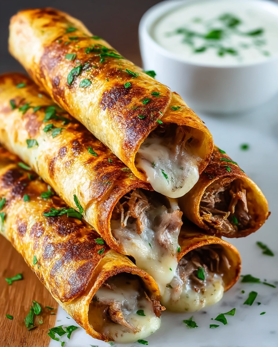 A stack of four golden brown rolled tacos filled with tender shredded meat and melted white cheese, each taco sprinkled with fresh green chopped herbs on top and around the edges. The exterior of the tacos is crispy with a toasted texture, showing dark brown spots. The melted cheese gently oozes out from the open ends of the tacos, blending with the meat inside. In the background, a white bowl with a creamy white sauce garnished with green herbs is slightly blurred. The entire scene is set on a white marbled surface. photo taken with an iphone --ar 4:5 --v 7